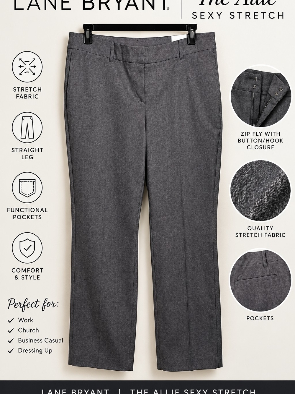 Lane Bryant Straight-Leg Stretch Pants in Charcoal Gray